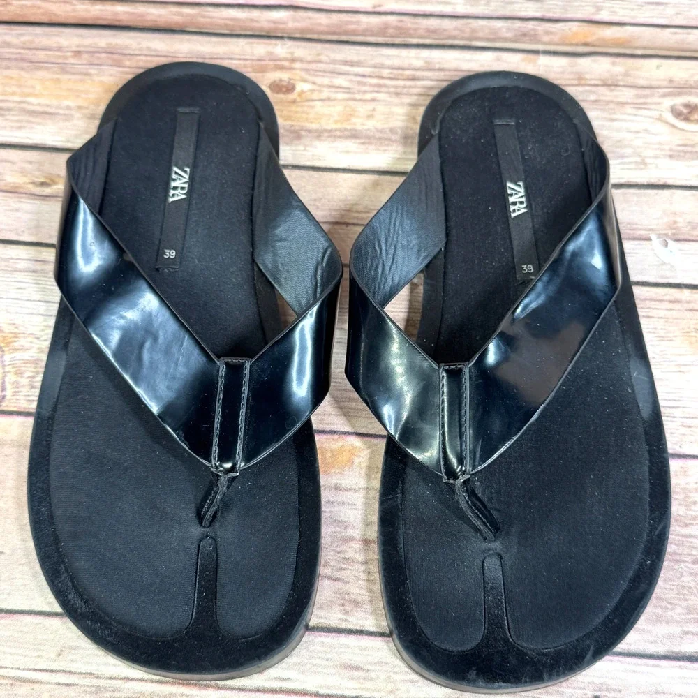 Zara Womens Black Minimalist Satin Insole Slip On Thong Slides Sandals 39/8.5 - Picture 3 of 6